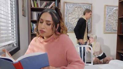 TS librarian Izzy Wilde barebacks tgirl Paradise in a 3some