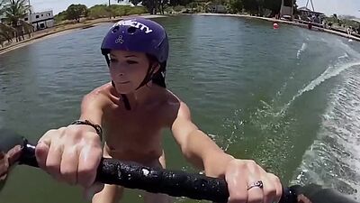 Big boobed badass naked babe Dani Mathers enjoying wake boarding