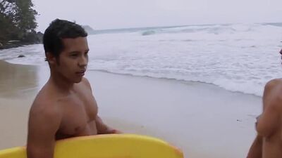 Big boobed badass naked babe Dani Mathers and GFS hop onto their surfboards