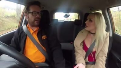 Blonde babe rides in car before blowing and tugging for cum