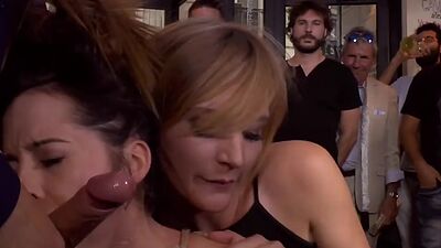 Busty public slut deepthroating maledom in bdsm group