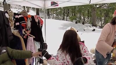 Hot blondies in sexy lingeries showing their big boobs on a snowy mountain