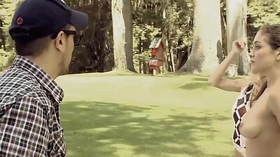 Big boobed naked Danielle Mathers and GFs posing at a golf field outdoor