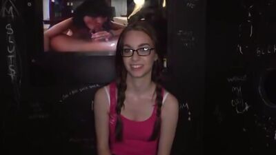 Nerdy White Girl Guzzles 4 Dicks
