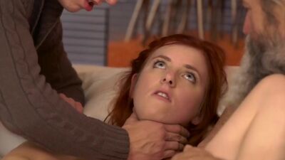 Chick's shaved pussy is fingered by old man and son in turn