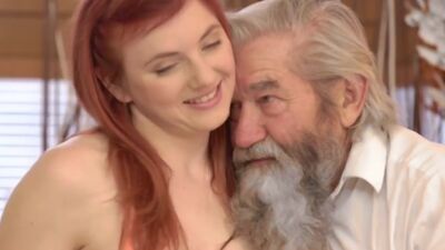 Chick's shaved pussy is fingered by old man and son in turn