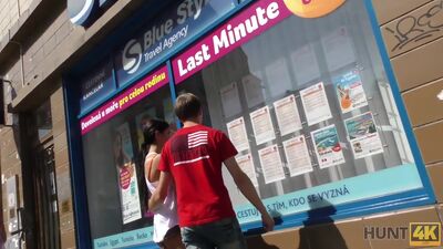 Slim brunette fucked by guy in front of her nerdy cuckold