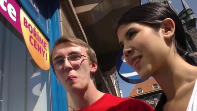 Slim brunette fucked by guy in front of her nerdy cuckold