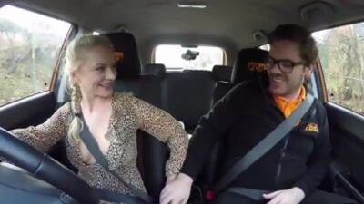 Blonde eurobabe rides instructor in car before giving bj