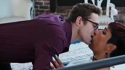 Shemale brunette gets bareback fucked by her nerd boyfriend