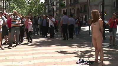 Bound brunette posing naked in public