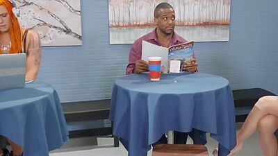 Busty ts ginger blown in erotic threeway after drilling cunt