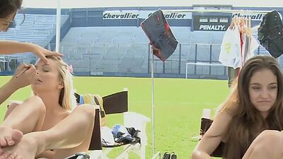 Footballer babe Danielle Mathers and GFs flashing big boobs on the field