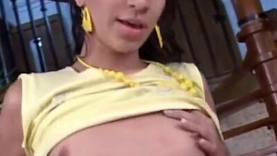 Teen teases her clit descending staircase