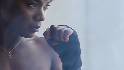 Small tits black pornstar Ana Foxxx posing naked after passion workout
