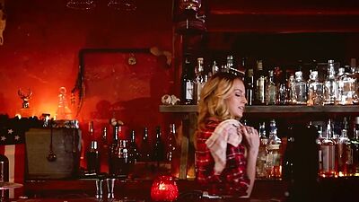 Stunning teen waitress Scarlett Sage posing on the bar after striptease