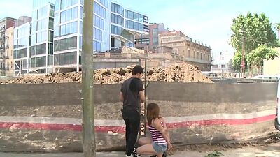 Handcuffed babe gang banged in public