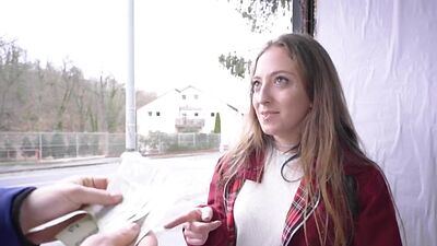 Public POV outdoor sex of slutty pantyhose teen for finances