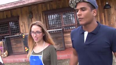 Blonde Colombian waitress with glasses rides cock in hot pickup and fuck