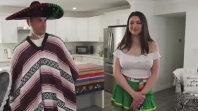 Dad and son stuffing step sister and daughter Alyx Star her pinata together