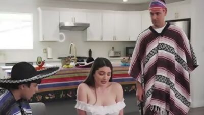 Dad and son stuffing step sister and daughter Alyx Star her pinata together