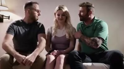 Innocent teen blonde Eliza Eves double pussy fucked by two older guys