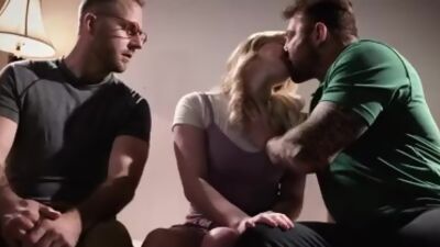 Innocent teen blonde Eliza Eves double pussy fucked by two older guys