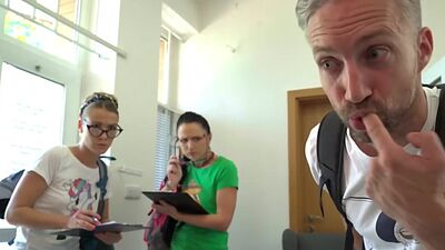 Rimming n throating small tits teens enjoy BWC hostel 3some