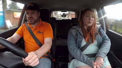 Curvy ginger inked babe publicly fucked in car by instructor