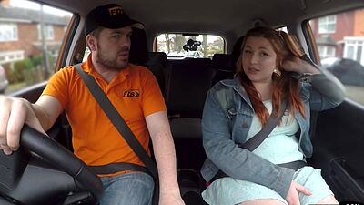 Curvy ginger inked babe publicly fucked in car by instructor