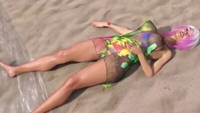 Big tits babe masturbating while futa babes fucking on the beach in a 3D An