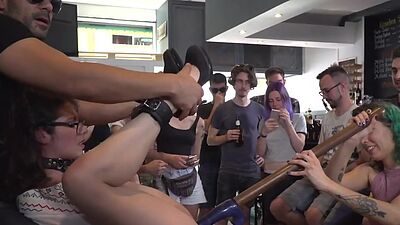 Ballgagged useless babe publicly toyed and fucked in group
