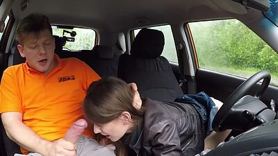 Throatfucked teen banged outdoor in car by BWC instructor