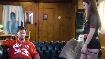 Horny step-daughter fucks her stepdad during the big game