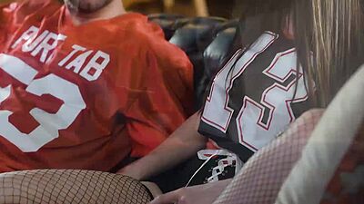 Horny step-daughter fucks her stepdad during the big game