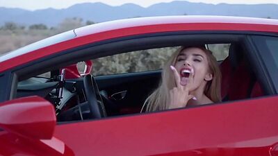 Big booty blonde teen Miss Kenzie Anne posing on supercar in hot lingerie
