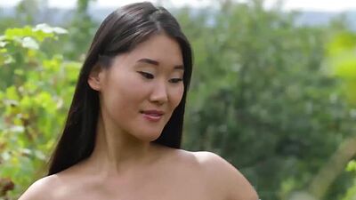Tiny titted asian beauty Katana Storm stripping at a vineyard outdoor