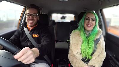 Busty MILF mouth jizzed in car after sex with driving tutor