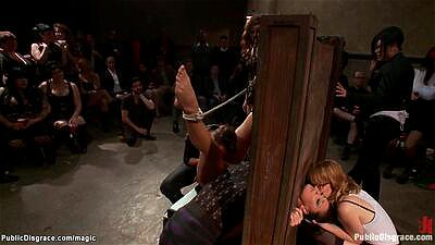 Lesbian slave group fucked in public