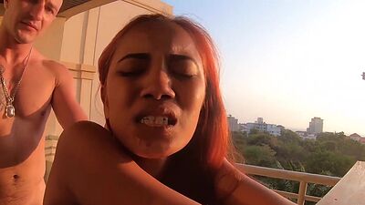 Amateur Thai teen Cherry fucked on the balcony by her big white cock BF part 3