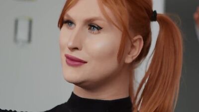 Busty bigboobed redhead TS barebacked by big cock dude