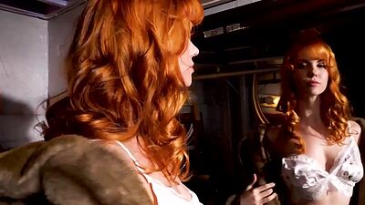 Petite Asian teen Magen Hana hot posing before redhead babe striptease