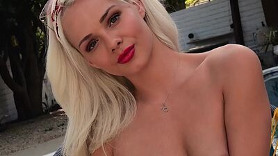Skinny small titted blondie Elsa Jean stripping by the pool outdoor