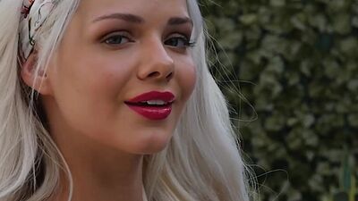 Skinny small titted blondie Elsa Jean stripping by the pool outdoor