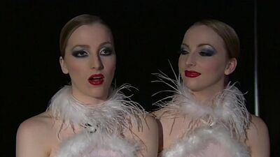 Petite blonde Porcelain Twinz in sexy uniforms presenting a hot show