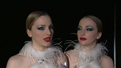 Petite blonde Porcelain Twinz in sexy uniforms presenting a hot show