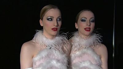 Petite blonde Porcelain Twinz in sexy uniforms presenting a hot show