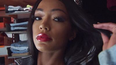 Bombastic big titted ebony babe Harley Dean stripping in the wardrobe