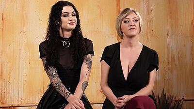 Lez busty MILF toys ass of tattooed babe in fishnets