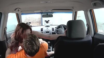 Tattooed medium tits babe fucked in car by instructor